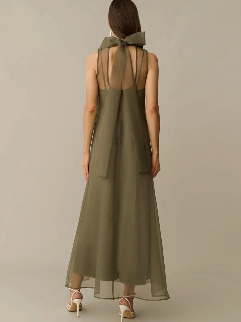 Sleeveless Olive Maxi Dress with Sheer High Neck - Picture 5 of 6
